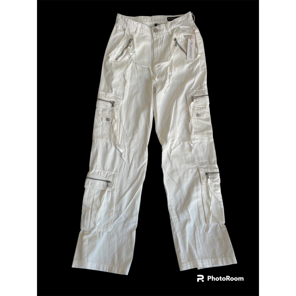 NWT Blank NYC White Cargo Baggy Wide Leg Pants Women Zip Pockets Drawstring - 25